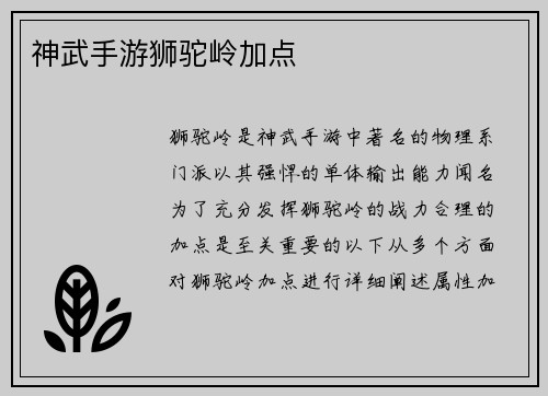 神武手游狮驼岭加点